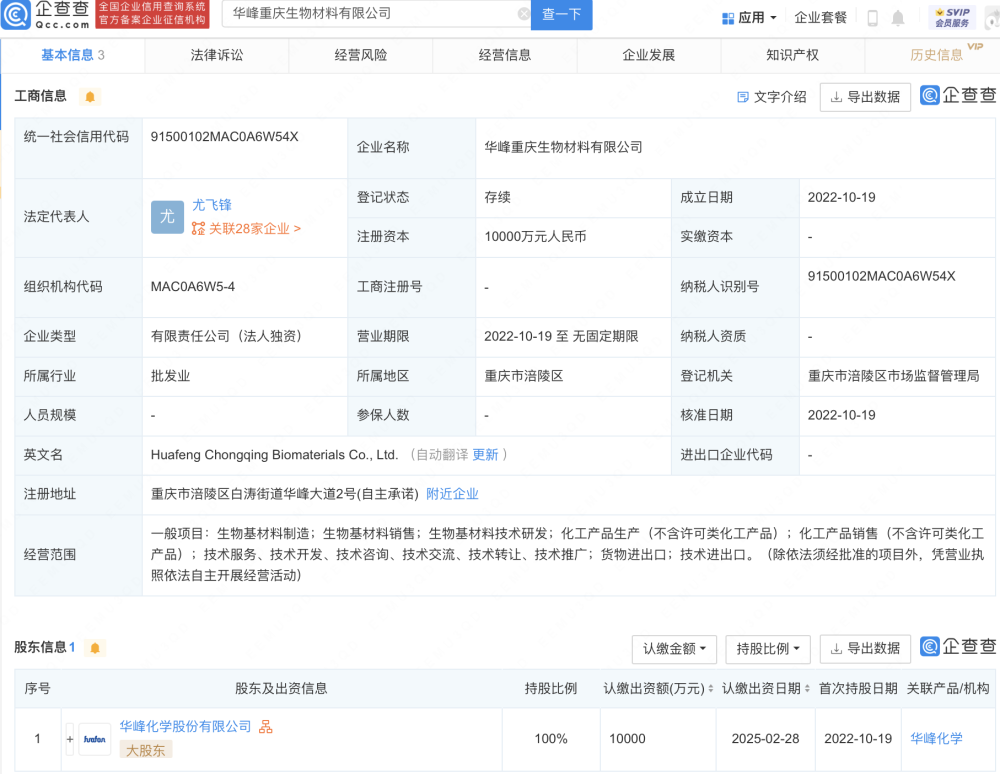 華峰化學(xué)于重慶新設(shè)生物材料子公司,注冊(cè)資本1億元